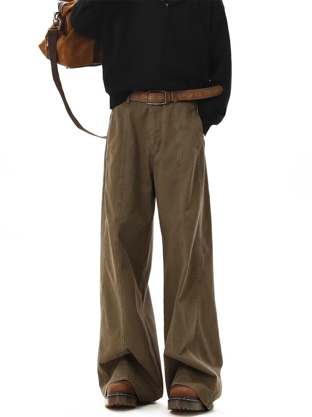 

American Vintage Workwear Loose Casual Pants Men's Brown Coffee Color Match All High Waist Long Straight Leg Jeans