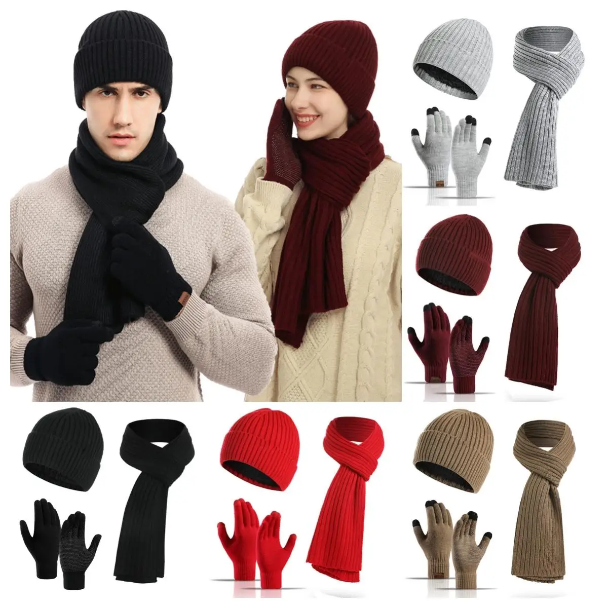 Casual Thickened Beanies Scarf Gloves Set Fleece-lined Unisex Long Scarf Neck Warmer Winter Warm Knit Beanie Hat for Women & Men