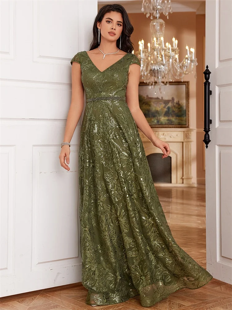 XUIBOL New Luxury V-Neck Green Sequins Evening Dress Elegant Long Women V-back Wedding Party Long Prom Cocktail Dress Gowns