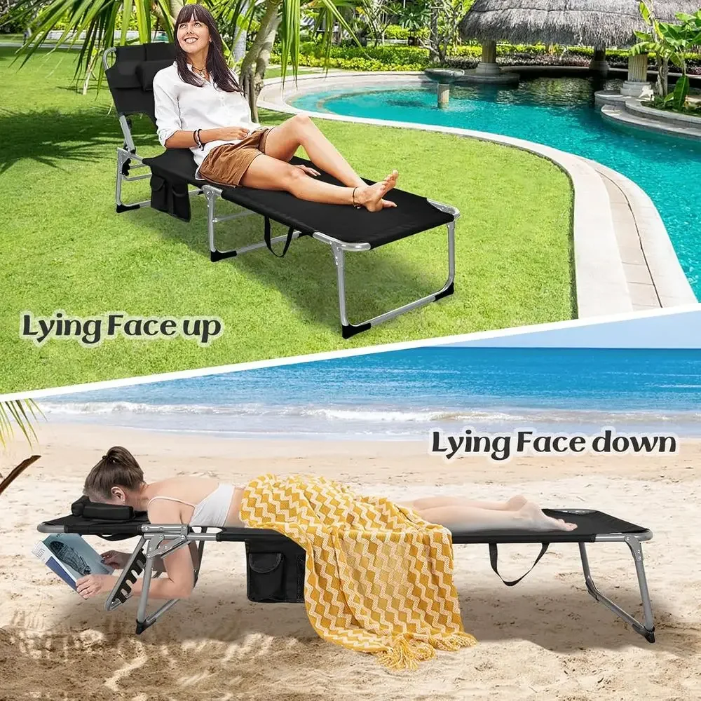 Portable Lightweight Outdoor Beach Lounge Chair with Armrests and Carry Handle, Ideal for Sunbathing (Black)