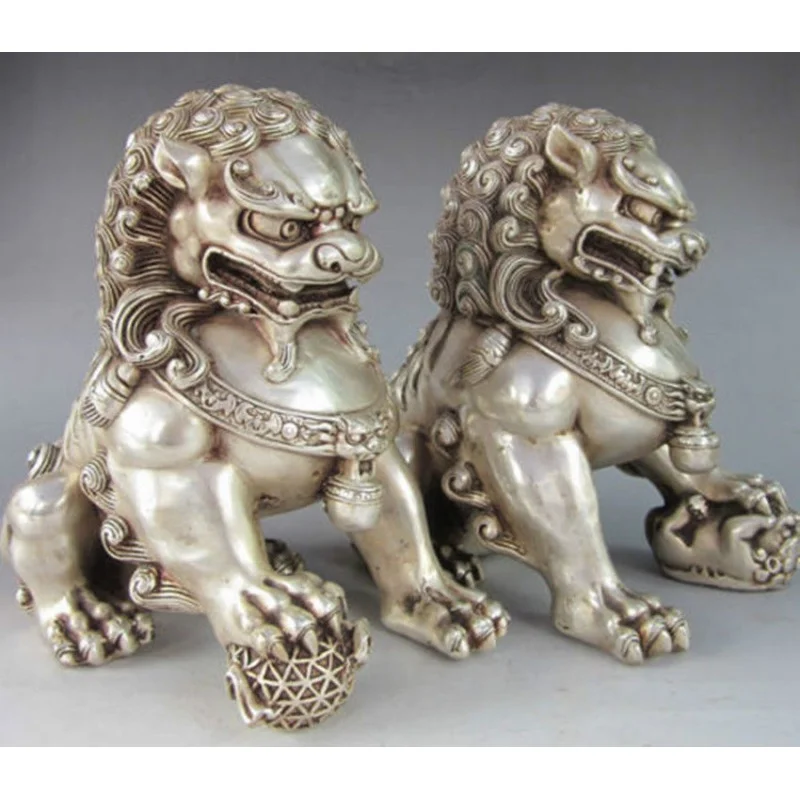 A Pair of Elaborate Chinese Tibetan Silver Guardian Lion Foo Fu Dog Statues