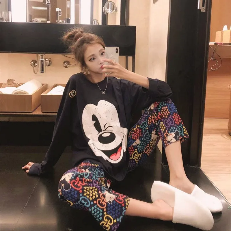 Disney 2pcs Cartoon Mickey Print Pajamas Long Sleeve Pants Ladies Spring and Autumn Cute Cartoon Home Clothes Warm Set Pajamas