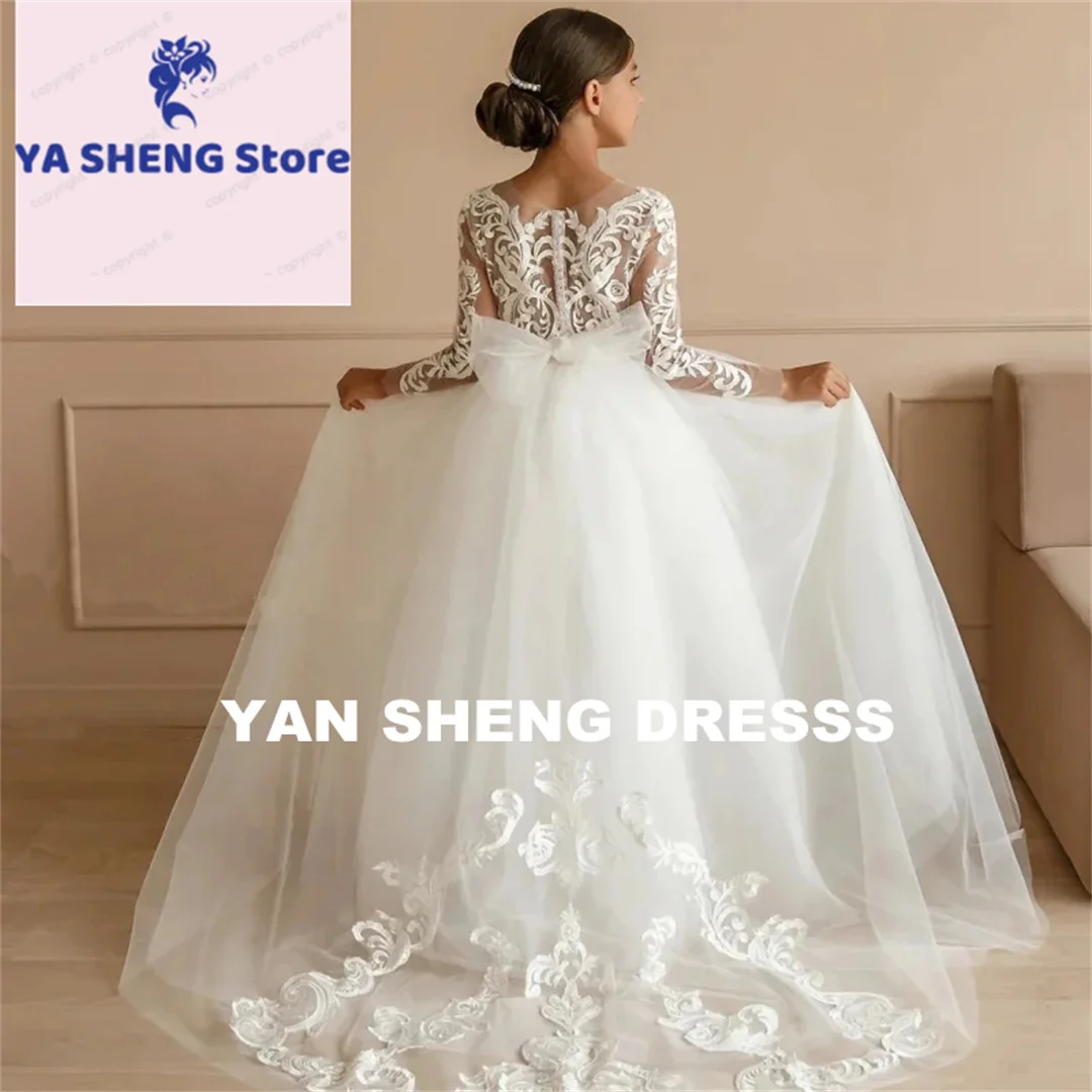 Customized Flower Girl Dresses White Tulle Flory Appliques With Bow Long Sleeve For Wedding Birthday Evening Holy Communion Gown