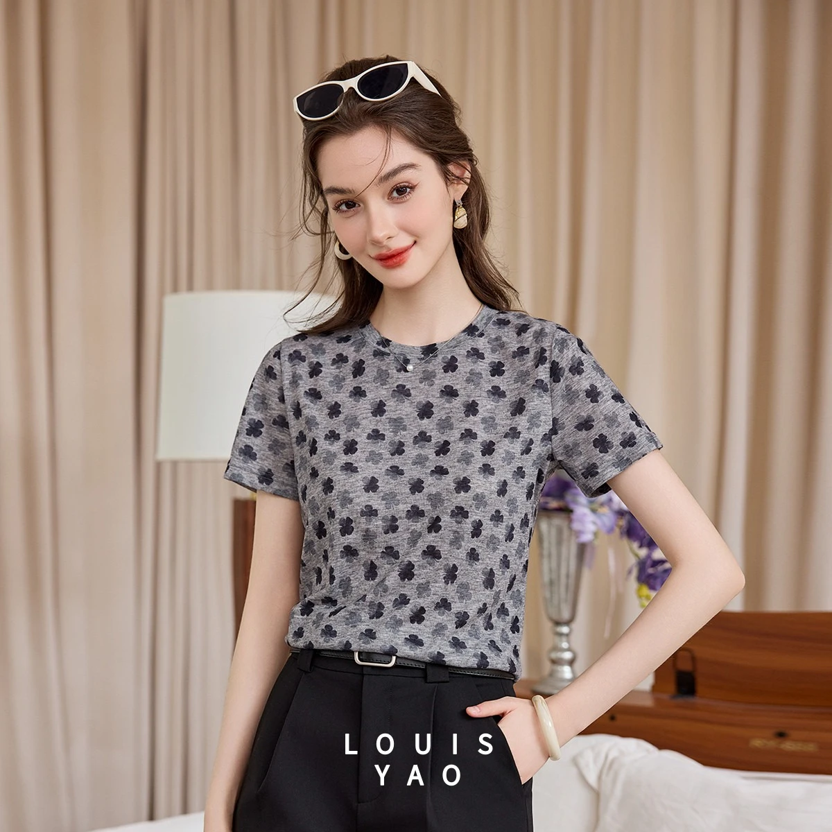 LOUIS YAO Women's T-Shirts 2026 Summer Crew Neck Tees Regular Fit Retro Style Casual Ladies Tops Literary Knit T-Shirt