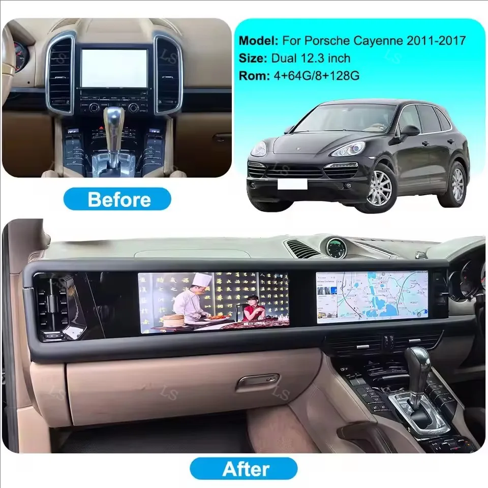 RHD 12.3+12.3inch Dual Screen Interaction Display Co-pilot For Porsche Cayenne 2010-2017 Android Auto Carplay Car GPS Navigation