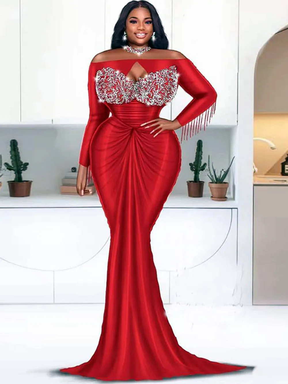 

Saudi Arabia Red Mermaid Evening Gowns Aso Ebi Style Plus Size Long Sleeves African Lace Appliques Party Prom Dresses