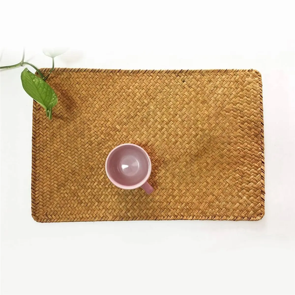 Premium-Pack of 4, Natural Seagrass Place MatHand-Woven Rectangular Rattan Placemats Straw Tea Cup Mat Potholder