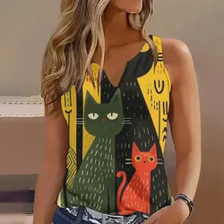 Abstract Cartoon Cat Pattern Art Print V-neck Vest Street Fashion Women's Clothing 2024 Summer Daily Cool Sleeveless Top