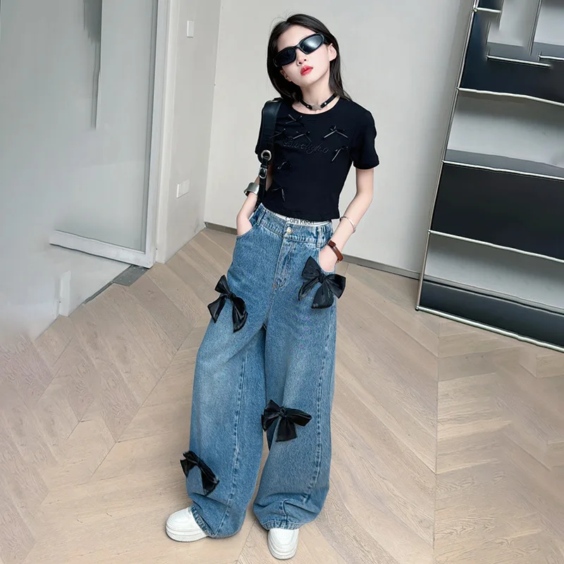 

Girls Jeans 2025 Spring School Teenage Children Blue Wide Leg Pants Retro Black Three-dimensional Bow DenimTrousers for Kids