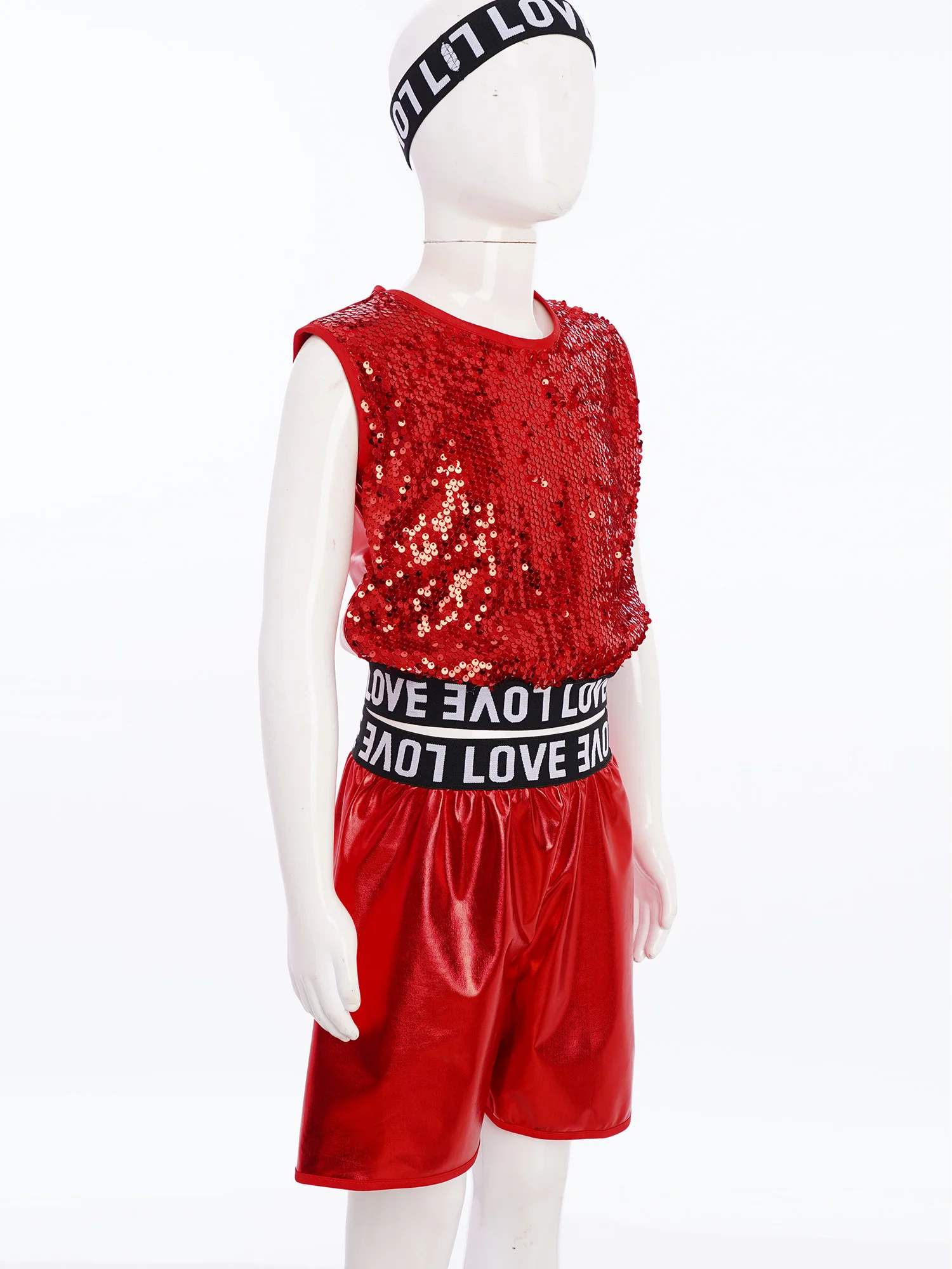 

Children Boys Hiphop Dance Practice Set 3PC Glitter Vest Elastic Waist Shorts And Bandana for Studio Training Jazz Dancewear
