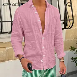 Leisure Breathable Solid Color Linen Shirt Mens Long Sleeve Button-up Turn-down Collar Casual Shirts Spring Autumn Fashion Shirt