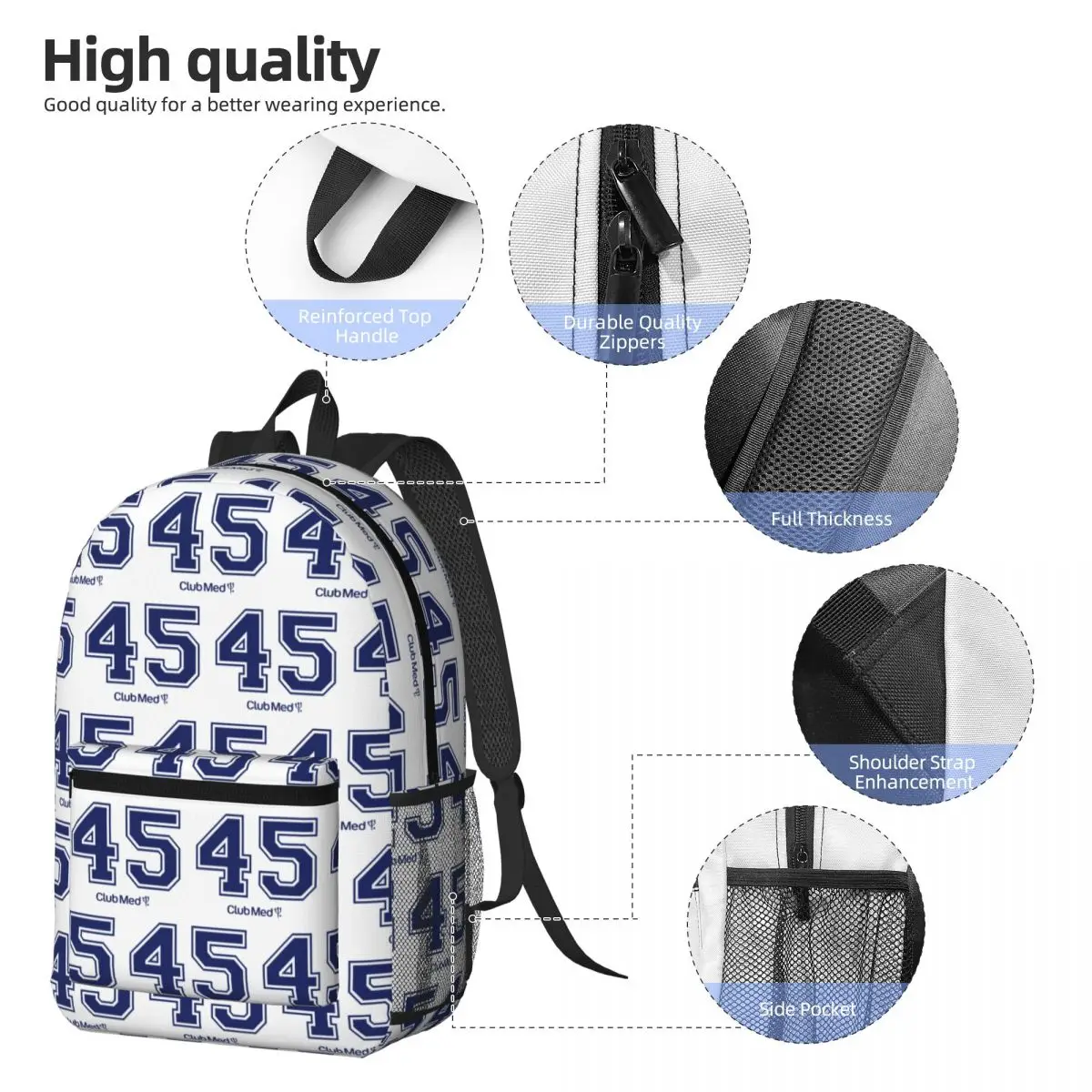 Number 45 Club Med Backpack Daypack Large Capacity Boys Girls BookBag School Bag Shoulder Bags for Men Women