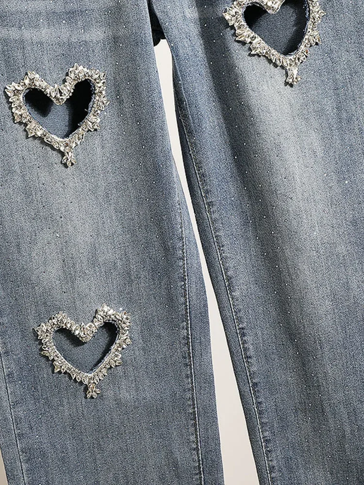 High Street Spring Autumn Loose Slimming Straight High Waist Jeans Wide Leg Pants Women Heart Shape Diamond Denim Baggy Trousers