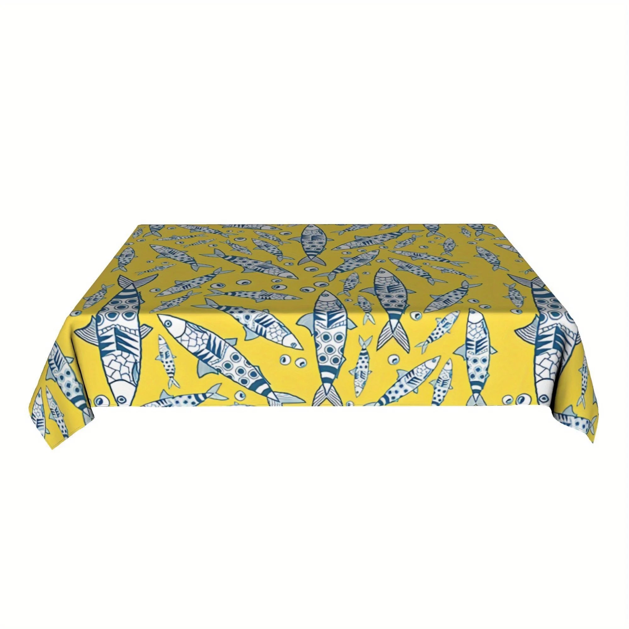 

1pc Portuguese Lisbon Sardines Pattern Azulejos Yellow Rectangle Polyester Table Cover, European Rustic Style