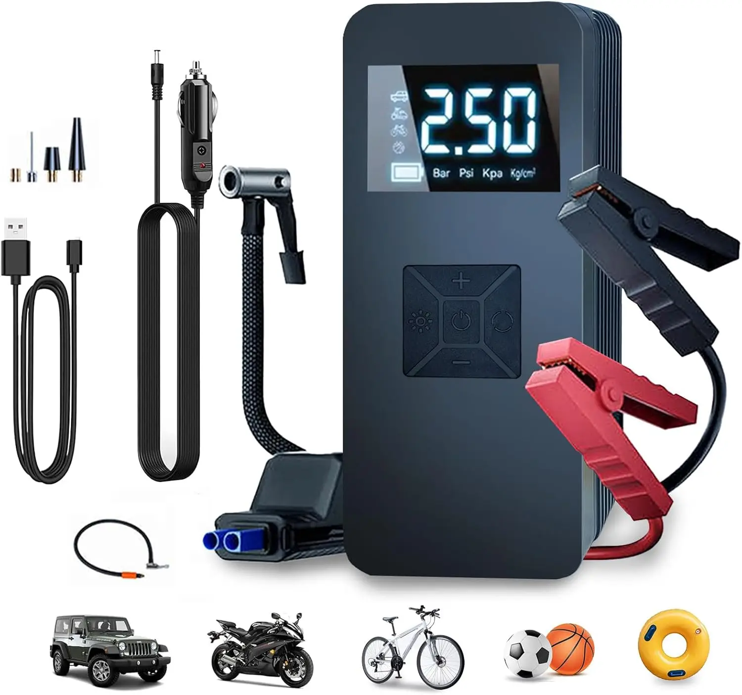 

Портативное пусковое устройство с компрессором, 14,8 В, 8000 А (пиковая мощность), автомобильный пусковой бустер, насос для накачки шин 150 PSI