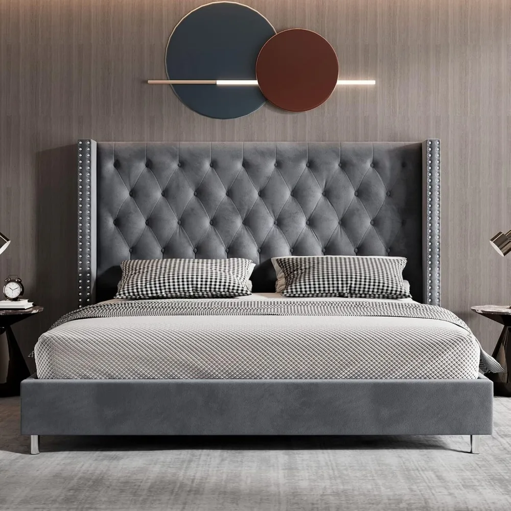 Queen Bed Frame ,Upholstered Bed Wingback Headboard Velvet Tufted Diamond Button,No Box Spring Needed,bedroom furniture. image 2