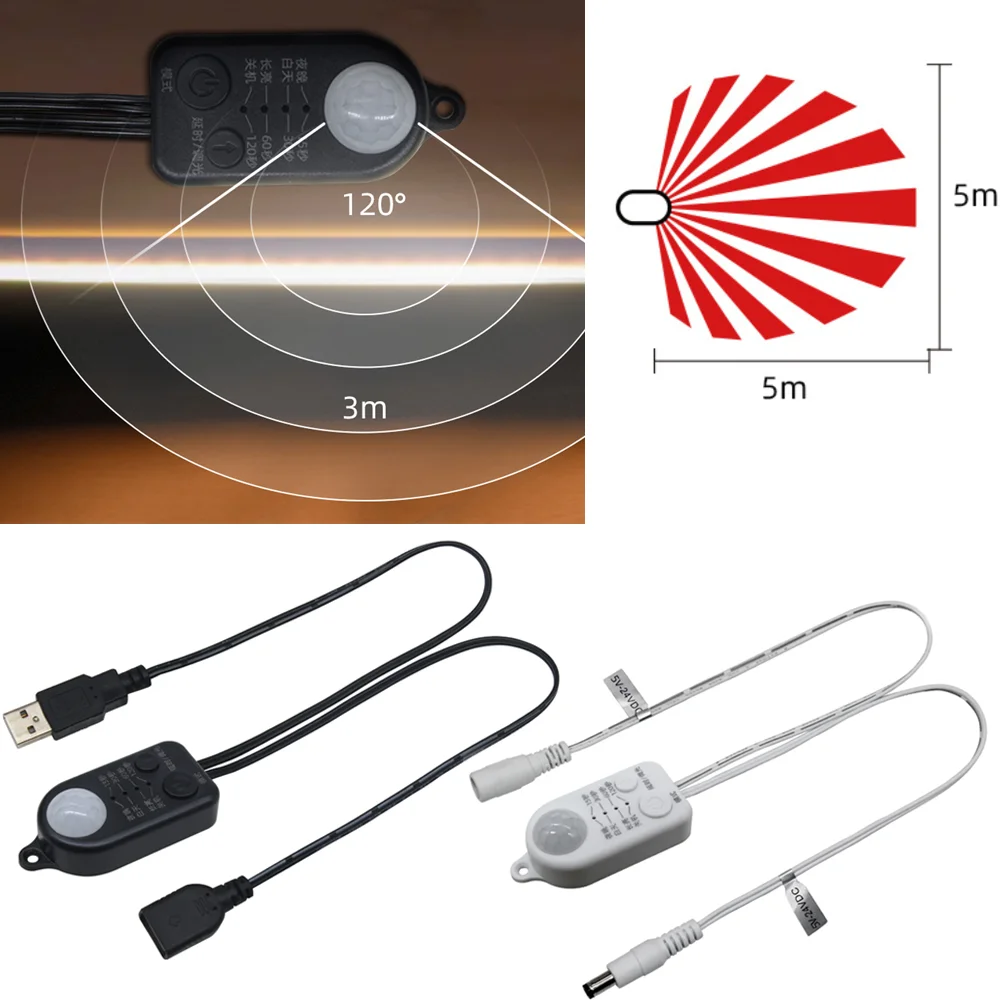 

DC 5V 12V Body Infrared PIR Human Motion Sensor Switch Dimmable Detector USB DC Connector For 5V 12V COB 5050 LED Light Strip