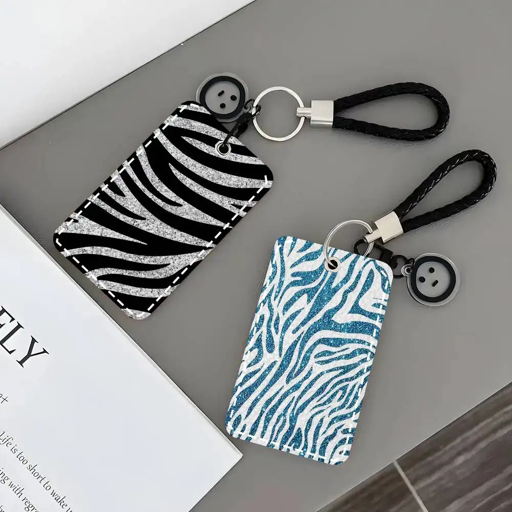 Zebra Pattern Card Case Keychain Access Card Bag Key Tag Ring Leather Card Holder Key Ring Access