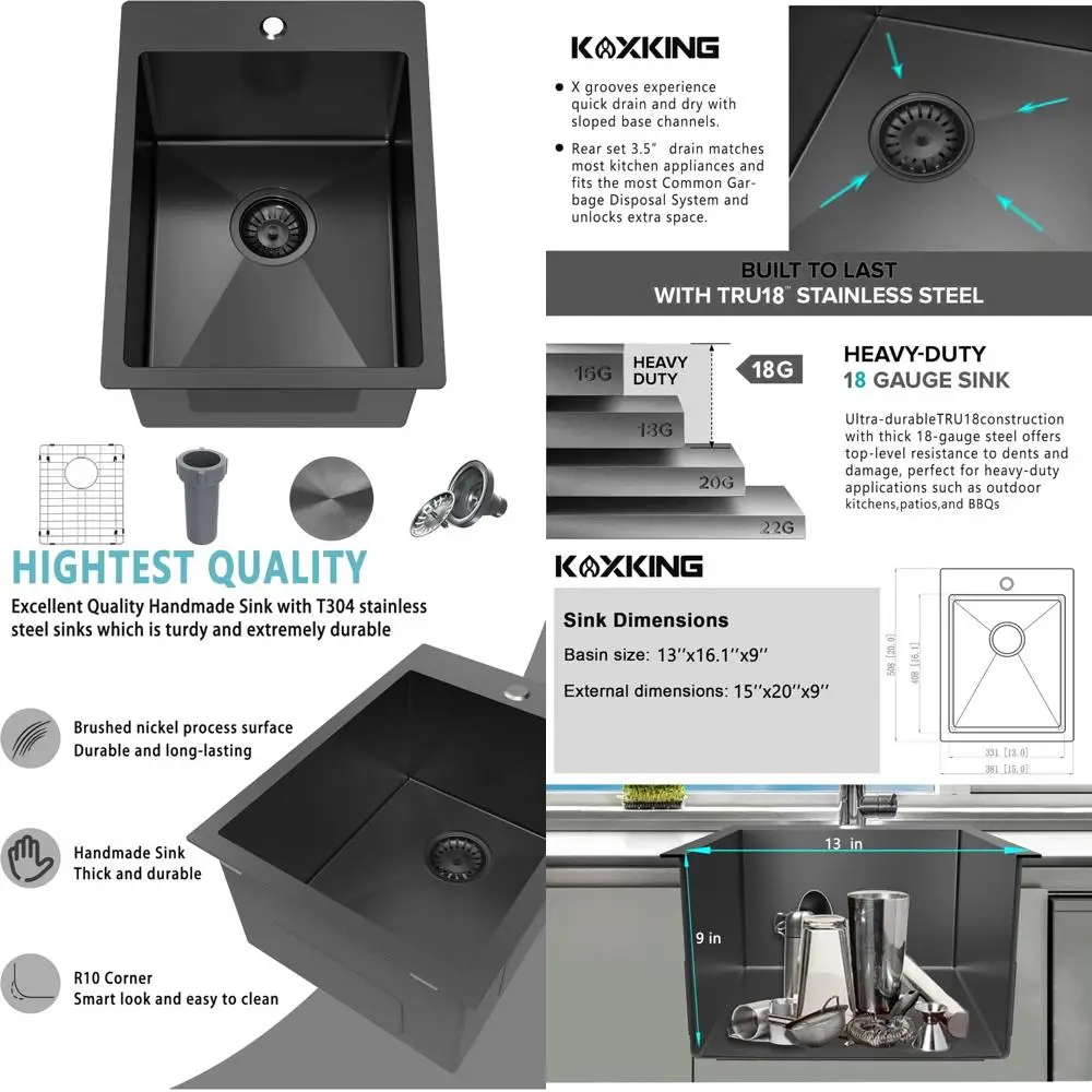 

Black Drop-In Bar Sink 15x20 Inches, 18-Gauge T-304 Stainless Steel Single Bowl Topmount, with Grid and Drain for Home or RV Use