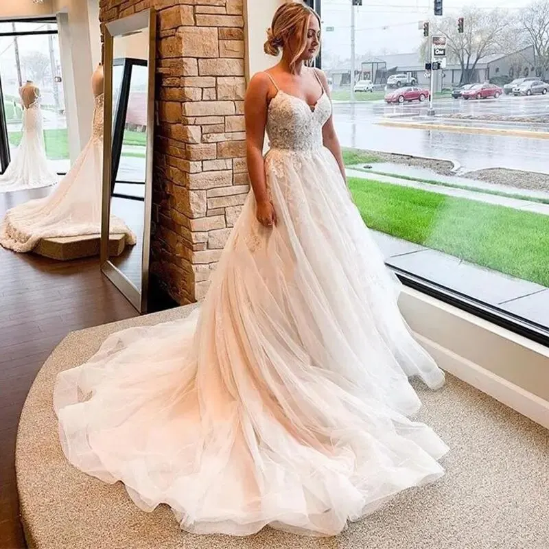 

Lorencia Sexy Spaghetti Lace Wedding Dress for Bride 2023 Tulle Wedding Bridal Gown Vestido De Novia Robe De Marriage YAW45