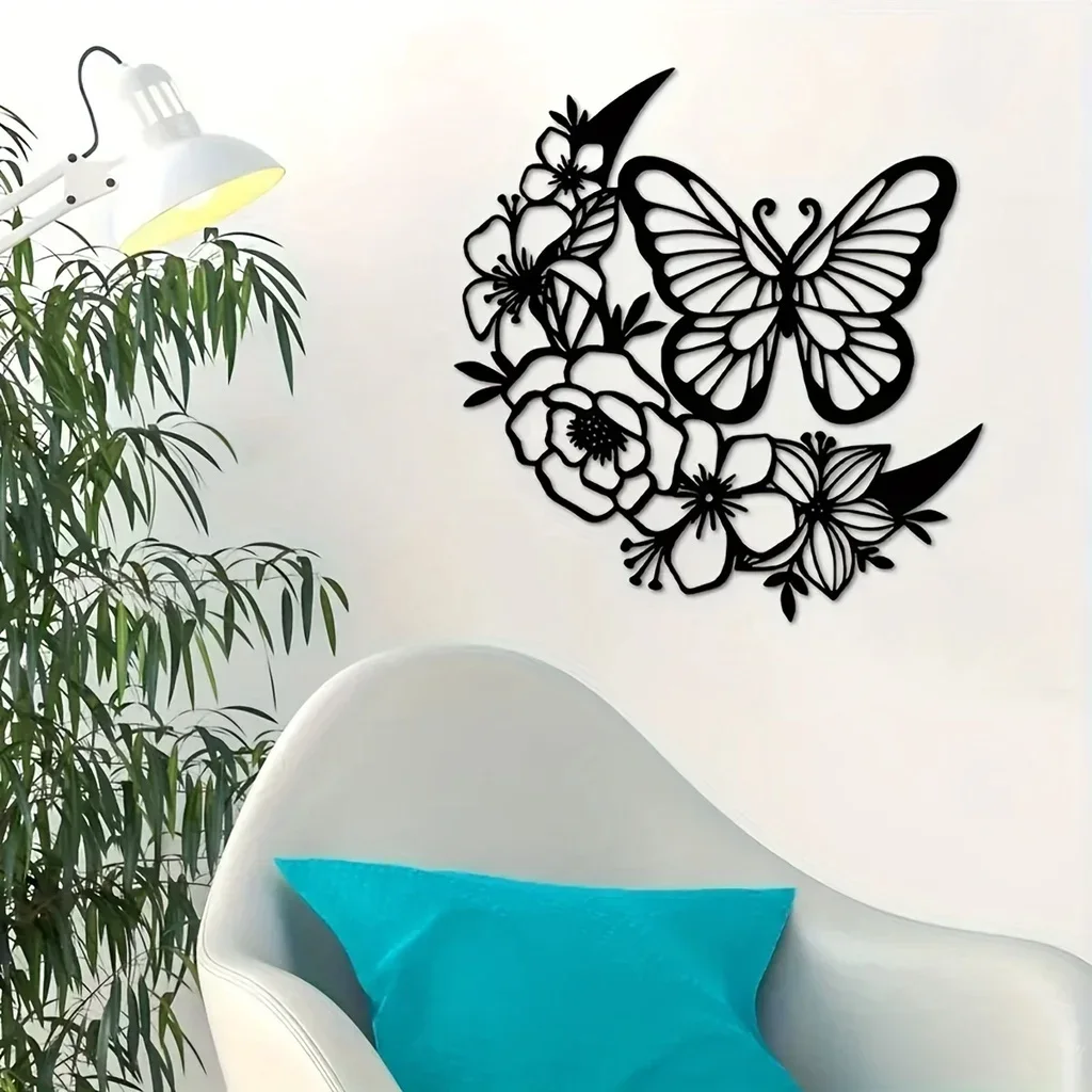 Decoración bohemia de fase lunar para colgar en la pared, decoración del hogar, arte nórdico de Luna, flor, mariposa, arte de Metal, fase lunar montada en la pared