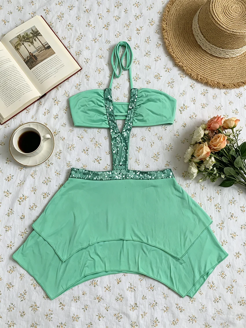 Y2K Fashionable Sparkly Sequin Decor Dresses Halter Tie Back Hollow Irregular Layer Dress Ladies Nightclub Summer Co Ord Dresses
