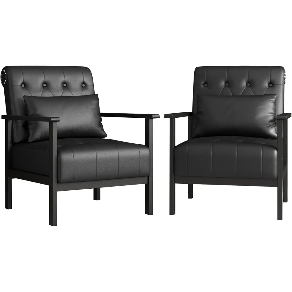 

Black Leather Accent Chairs Set of 2 with Pillow, Mid Century Modern Accent Chair with Arms