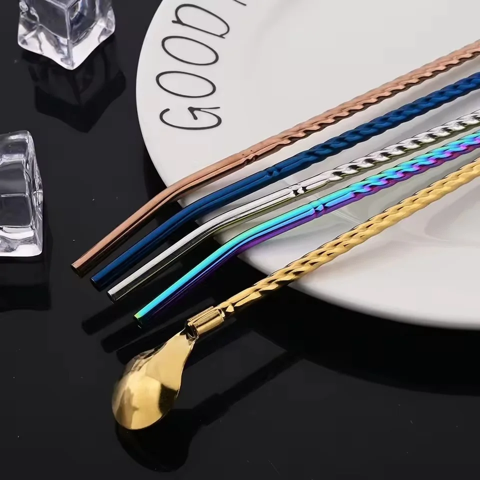 1Pcs Reusable Straw Spoon Stainless Steel Metal Colorful Straw Cocktail Drinking Straw Spoon Milk Bar Coffee Stirring Accessory