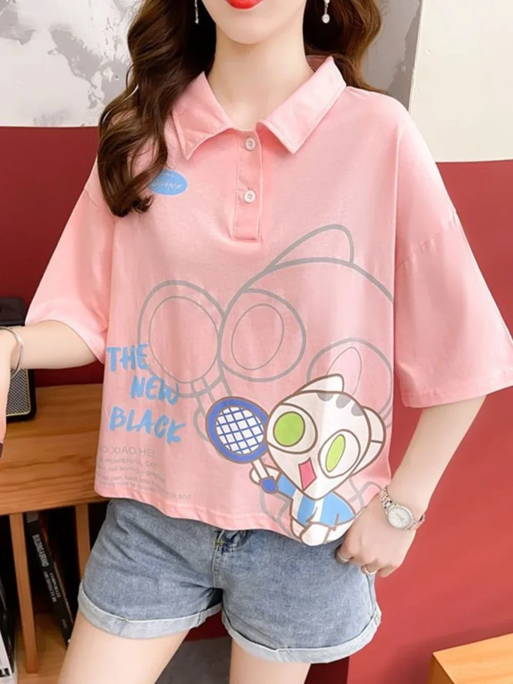 ฤดูร้อนชุด Baggy พิมพ์แขนสั้นคอ T เสื้อผู้หญิงอ่อนเยาว์เสื้อลําลองแฟชั่นผู้หญิงปุ่ม TShirt