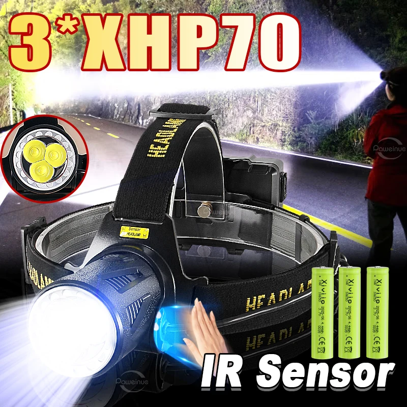 Strong Light 3*XHP70 LED Headlamp Super Bright induction Head Flashlights USB Rechageable Portable Head lantern Outdoors Camping