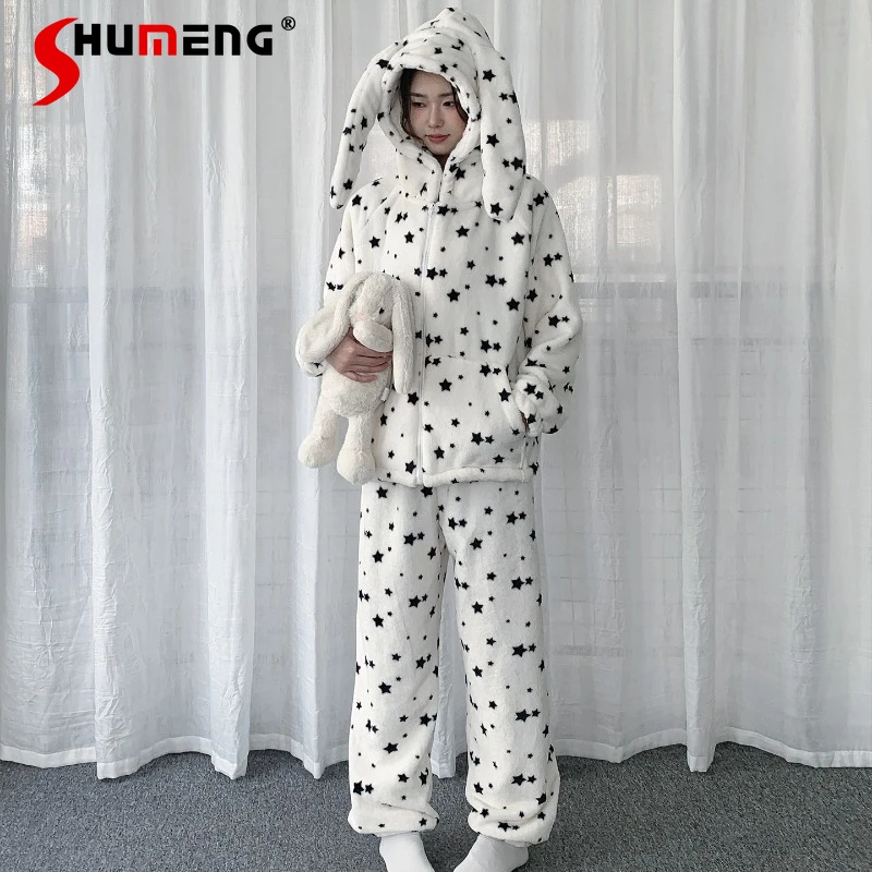 

Winter Cute Fleece Pajama Set for Women Adorable Bunny Ears Wearable Homewear Suits Female Japanese Style Sweet Sleepwear