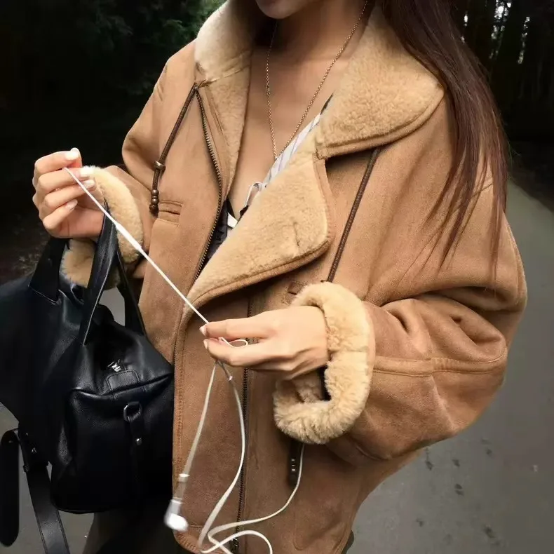 الشتاء فرو الضأن الجلد المدبوغ دراجة نارية Jaet سستة طوق معطف المرأة فضفاضة تناسب طويلة Sve الرجعية Sle الداخلية eep المخملية #5