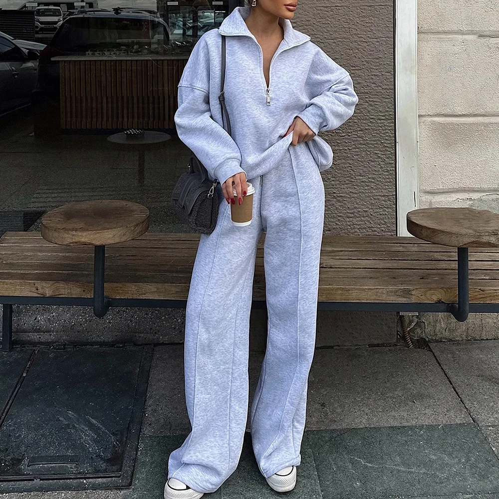 여성용 패션 캐주얼 투피스 세트 반카디건 풀오버 스웨트셔츠와 긴 바지 루즈핏 가을 겨울용