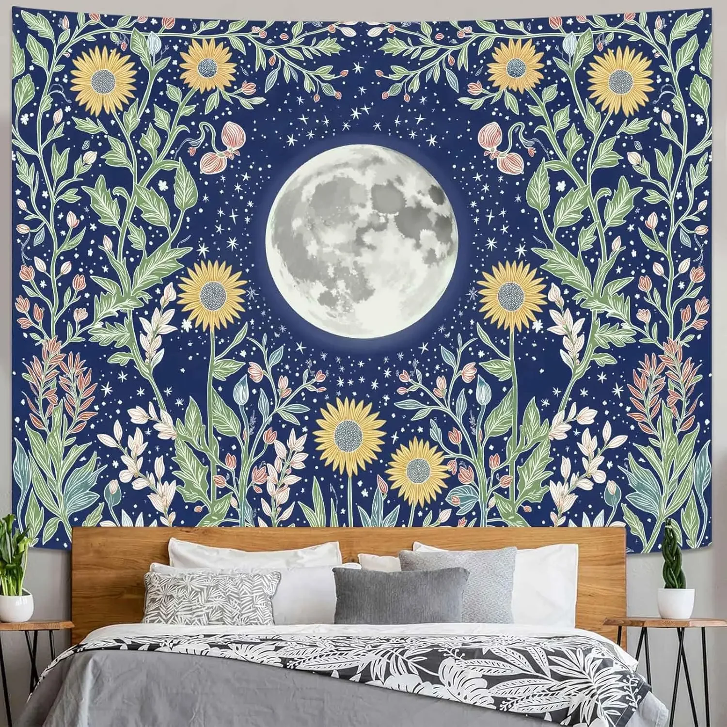 Moon and Sunflower Tapestry, Dark Blue Starry Night with Floral Vines Print Wall Hanging, Ideal For Bedroom & Boho Living Room