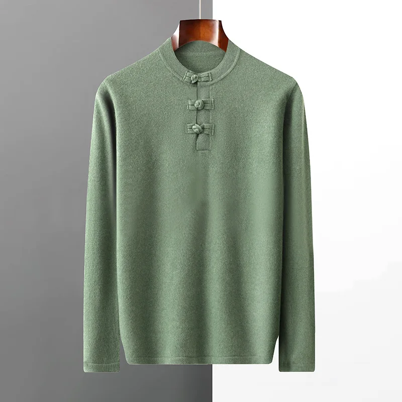 

Autumn and winter new men's O-neck 100% pure wool men's loose and slim sweater bottoming shirt in Chinese style.