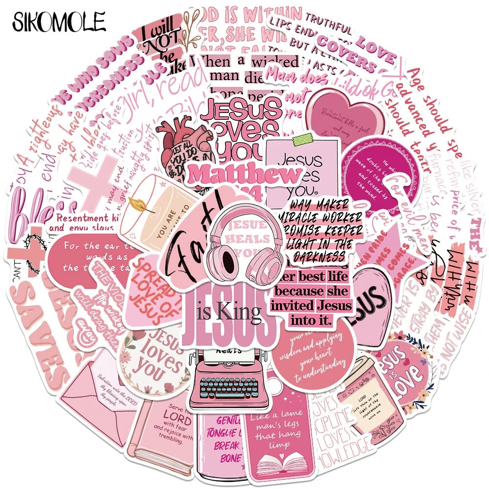 10/30/50PCS Pink Christian Bible Stickers Cartoon Jesus Loves You Decal DIY Laptop Guitar Skateboard Waterproof Graffiti Sticker