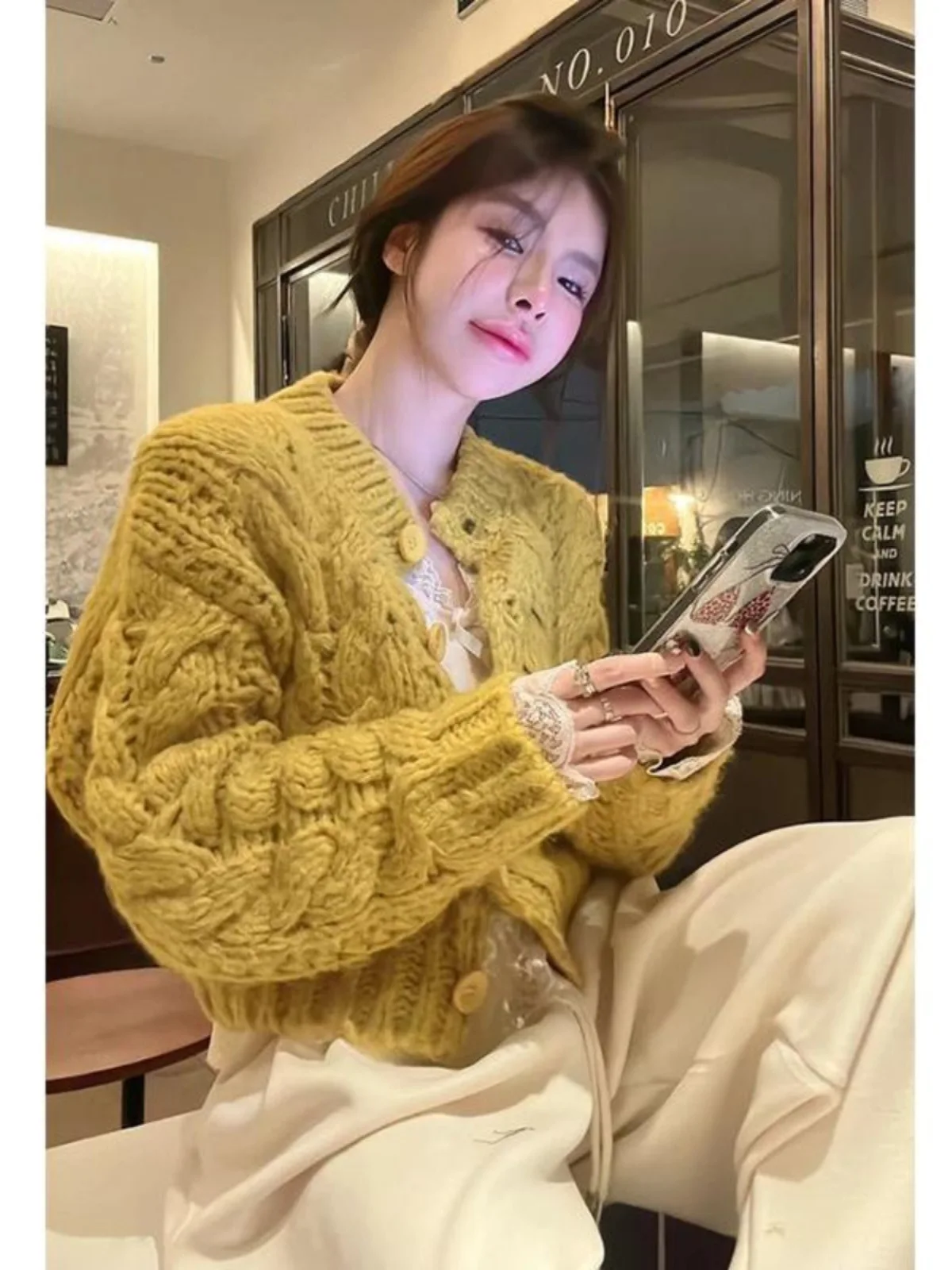 Long Sleeve Top Knitted Cute Sweaters Women Elegant Cardidgans Button Up Cable Knit Kawaii Knitwear Preppy Style Cardigan Yellow