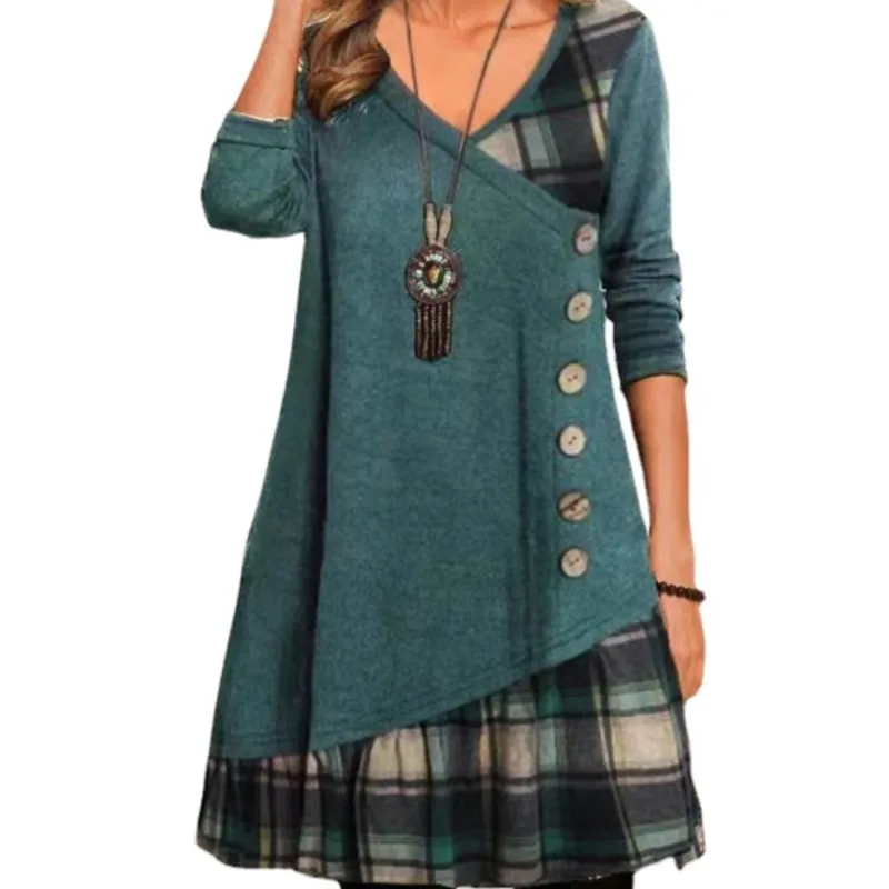 Autumn And Winter New Women's Casual Patchwork Checkered Button Long Sleeved Dress With V-neck Comfortable Irregular Short Skirt