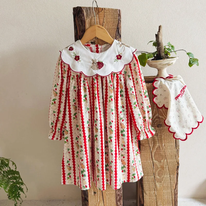 

Autumn 2025 New Style Girls' Dress with Flower Collar And Rabbit Embroidery Long Sleeve Sweet Korean Princess Dress for Kids