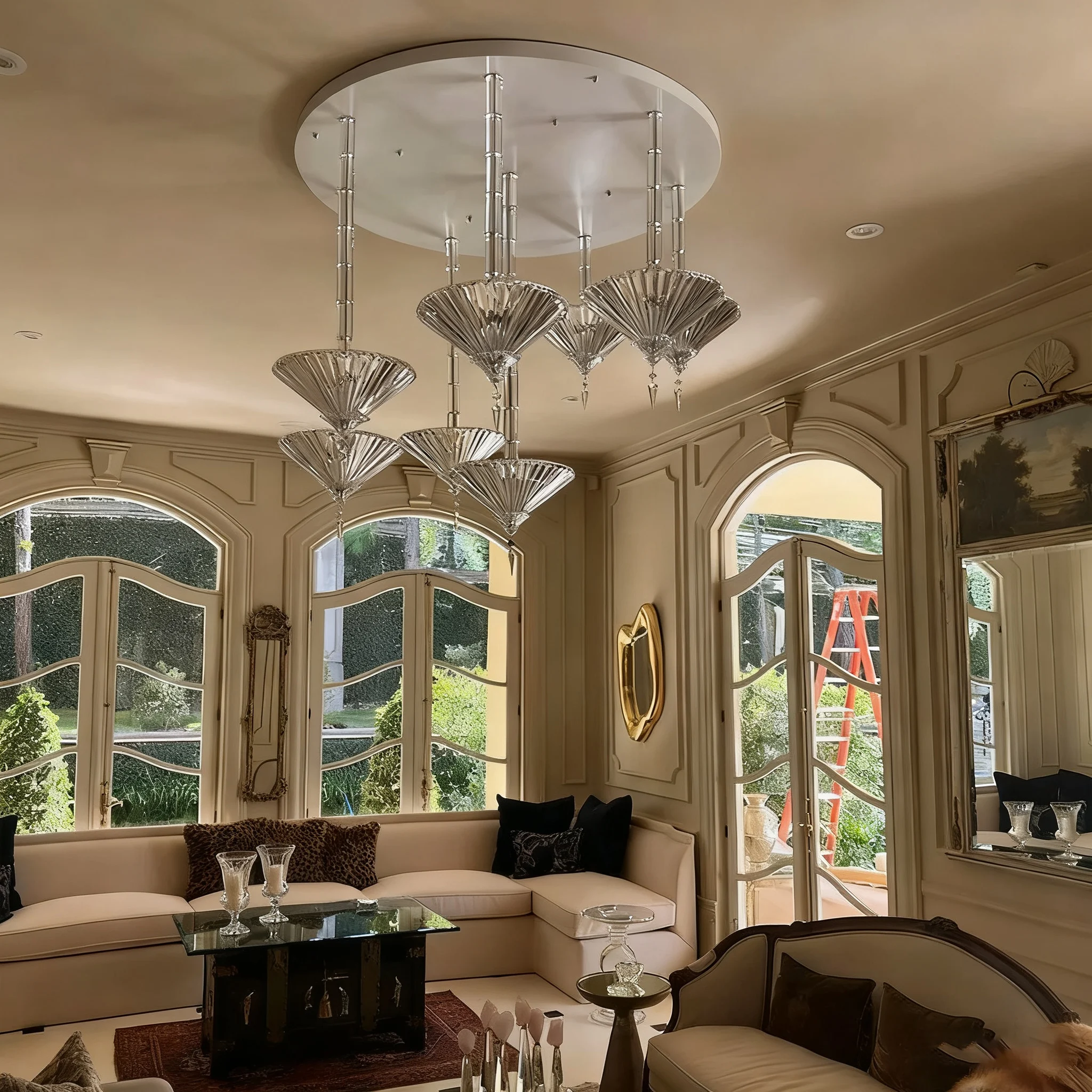 

REVEN Dimmable Modern Lustre Crystal Pendant Lamp with Fan-shaped and Adjustable Height Chandelier for Hotel Villa Ceiling lamp