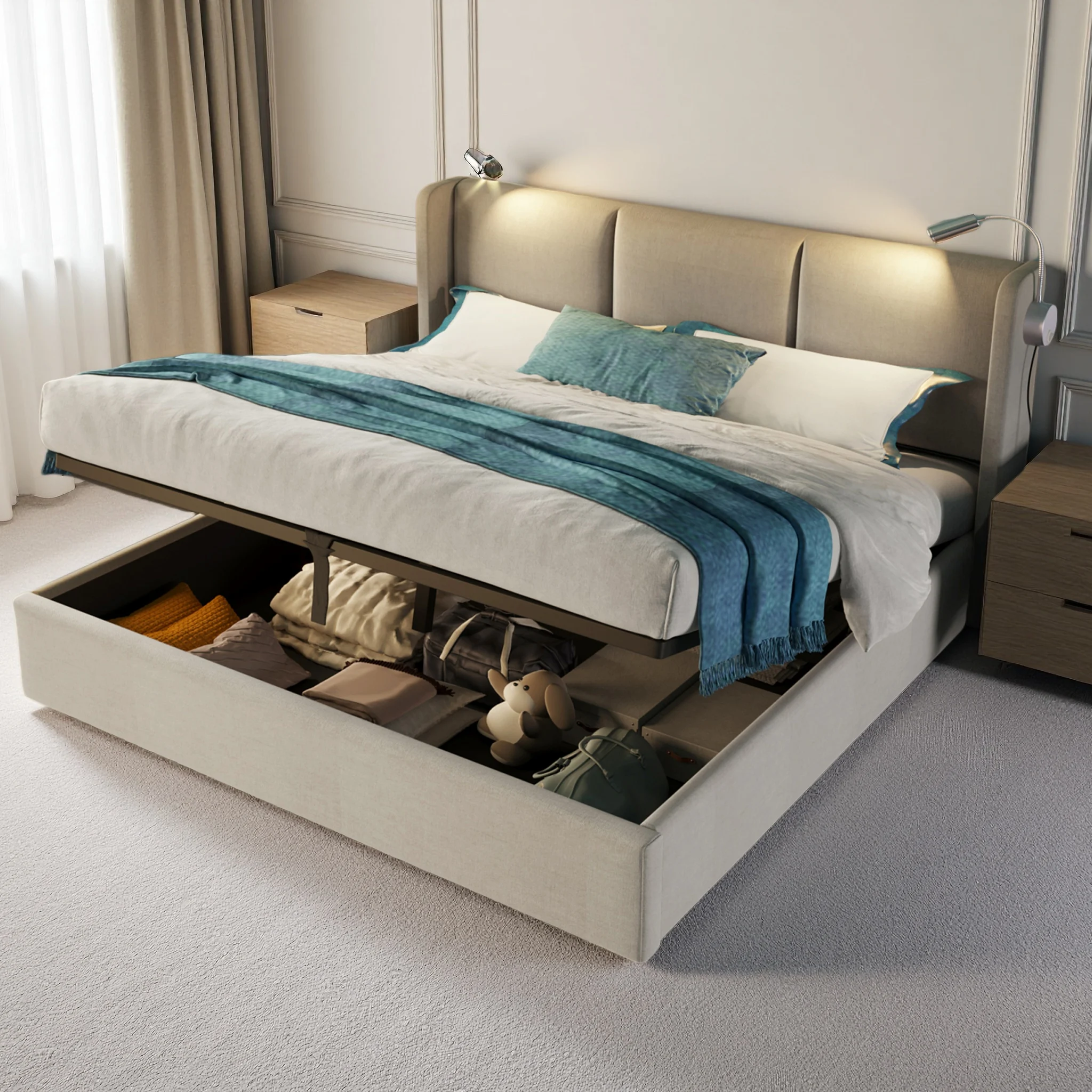 Rosahqnda 160x200cm Gepolstertes Doppelbett mit Stauraum, Leseleuchte mit Ladefunktion, Bettgestell, Jugendbett, Beige Leinen