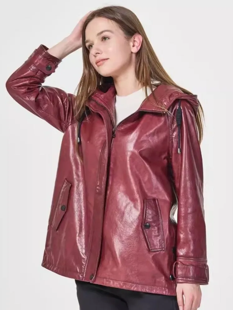 Femmes Veste en cuir véritable Fermeture éclair adt Fit Casual Coupe-vent à capuche Manteau à manches longues Printemps Vestes en peau de mouton Taille S-8XL