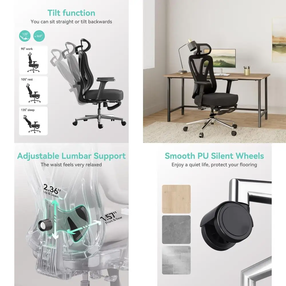 

Эргономичное офисное кресло с регулируемой поясничной поддержкой, регулировкой высоты и 2D-подлокотниками, удобное сетчатое поворотное кресло с подставкой для ног, черное