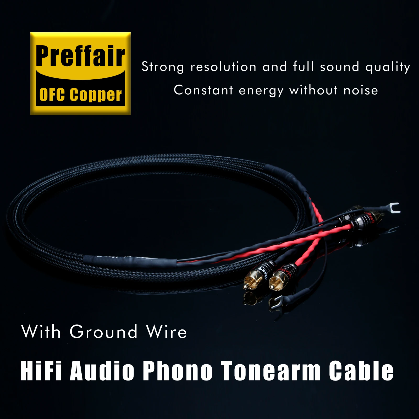 HiFi Audio Phono Tonearm Cable with Ground Wire 2 RCA to 2 RCA Ground U Spade Plug for LP Vinyl Record Player Signal Cable