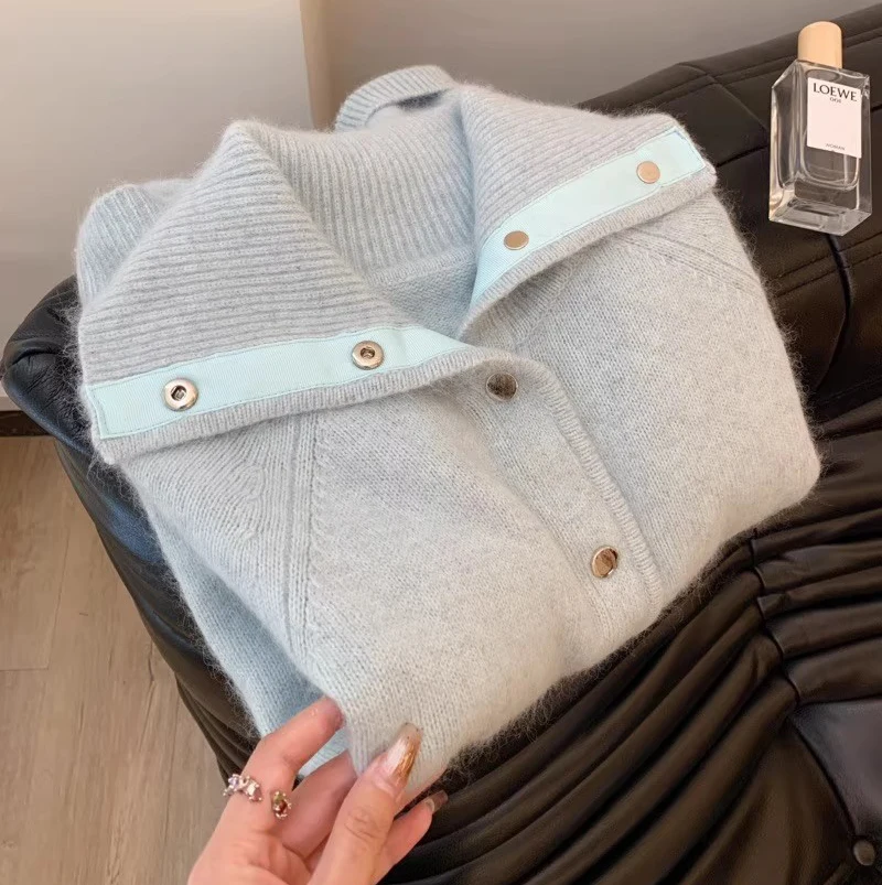 Light Blue Sweater Cardigans For Women Autumn New Turn-down Collar Single Breasted Knitted Coat Elegant Chic Design Female Tops