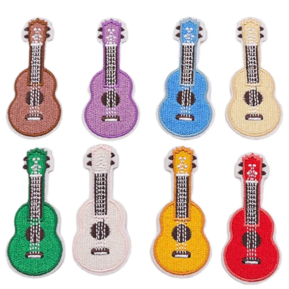 8 pçs remendos bordados de guitarra para roupas jaquetas mochilas diy costura apliques decorativo instrumento musical tecido remendo conjunto