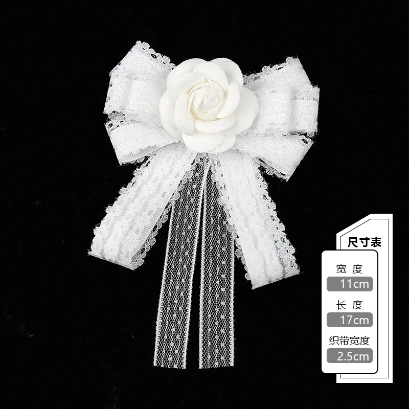 Fashion White Lace Ribbon Camellia Flower Brooches for Women Fabric Bow Tie Collar Pins College Style Necktie Jewelry Gifts