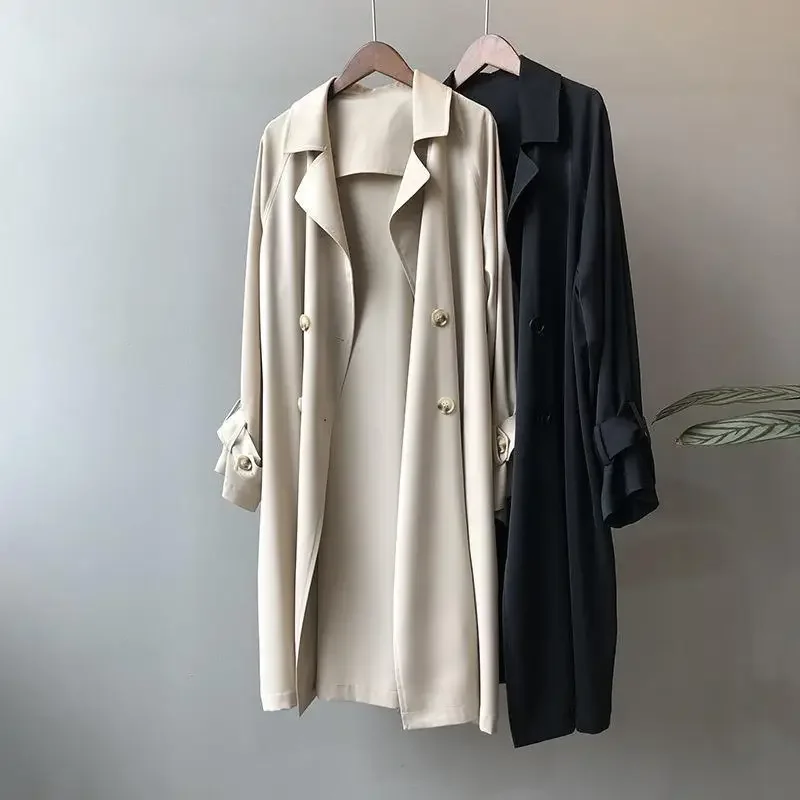 Women's Long Trench Coat Spring Autumn Lightweight Drapey British Style Plus Size Coat Elegant French Vibes Medium Length