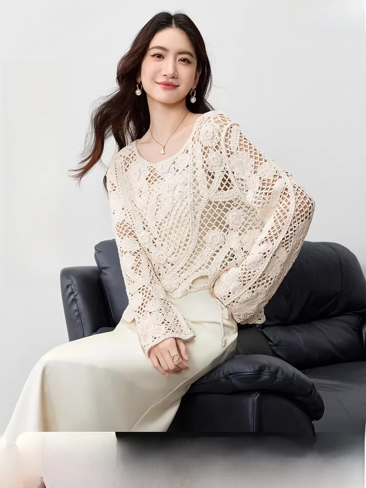 

00% хлопок, ажурный вязаный свитер, женский осенний новый простой круглый необычный свободный утягивающий свитер, нестандартная модная накидка