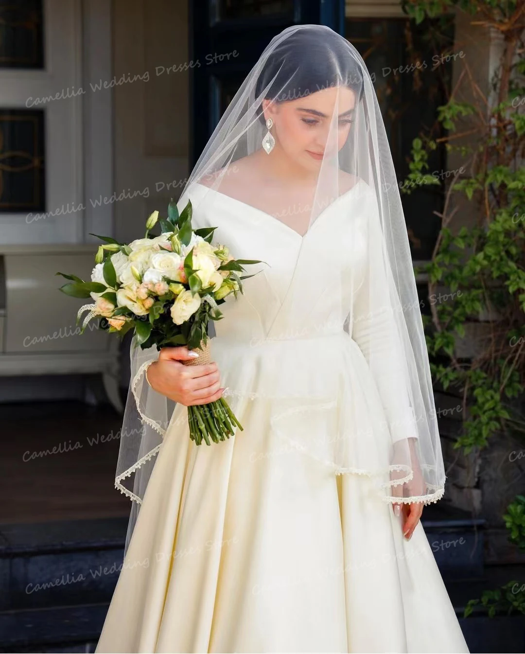 Robes de mariée élégantes pour femmes, ligne A, sexy, col en V, satin, vêtements pour patients, manches longues, formelles, luxueuses, gala éducatif, 2024